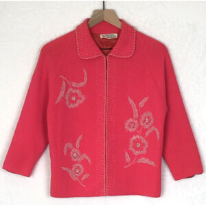 VTG BANFF 100% Wool Cardigan Sweater Sz 12 M (38) Pink Beaded British Hong Kong